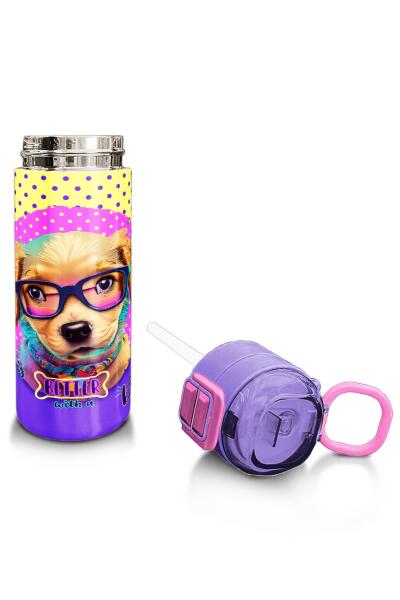 Coral High Kids Sarı Pembe Sevimli Köpek Desenli Pipetli ve Direkt İçim Çelik Termos 500 ml 31953 - 4