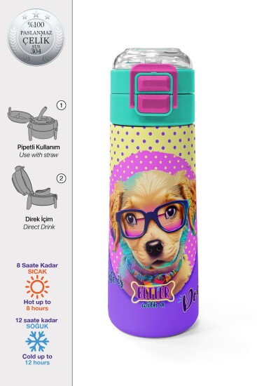 Coral High Kids Sarı Pembe Sevimli Köpek Desenli Pipetli ve Direkt İçim Çelik Termos 500 ml 31953 