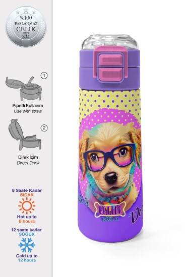 Coral High Kids Sarı Pembe Sevimli Köpek Desenli Pipetli ve Direkt İçim Çelik Termos 500 ml 31953 - Coral High KIDS