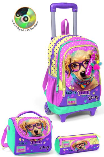 Coral High Kids Sarı Pembe Sevimli Köpek Desenli Üç Bölmeli Çekçekli 3'lü Çanta Seti SET0123952 - Coral High