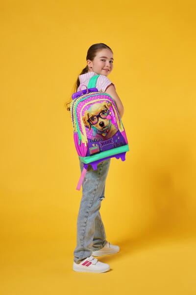 Coral High Kids Sarı Pembe Sevimli Köpek Desenli Üç Bölmeli Çekçekli Okul Sırt Çantası 23952 - 2