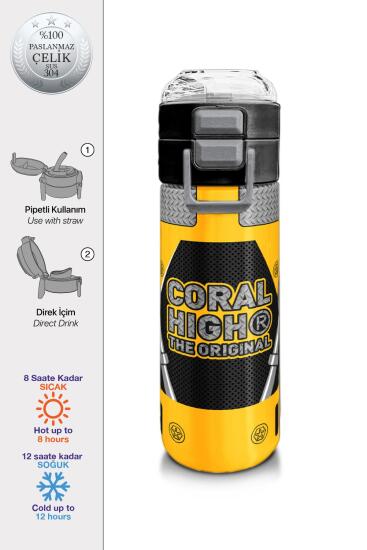 Coral High Kids Sarı Siyah Robot Desenli Pipetli ve Direkt İçim Çelik Termos 500 ml 31862 - Coral High KIDS