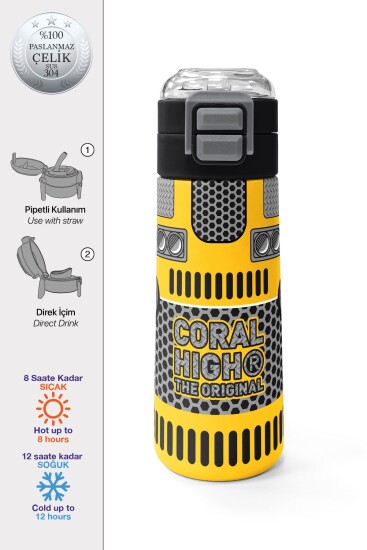 Coral High Kids Sarı Siyah Robot Desenli Pipetli ve Direkt İçim Çelik Termos 500 ml 31862 - Coral High KIDS