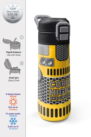 Coral High Kids Sarı Siyah Robot Desenli Pipetli ve Direkt İçim Çelik Termos 500 ml 31862 - 1