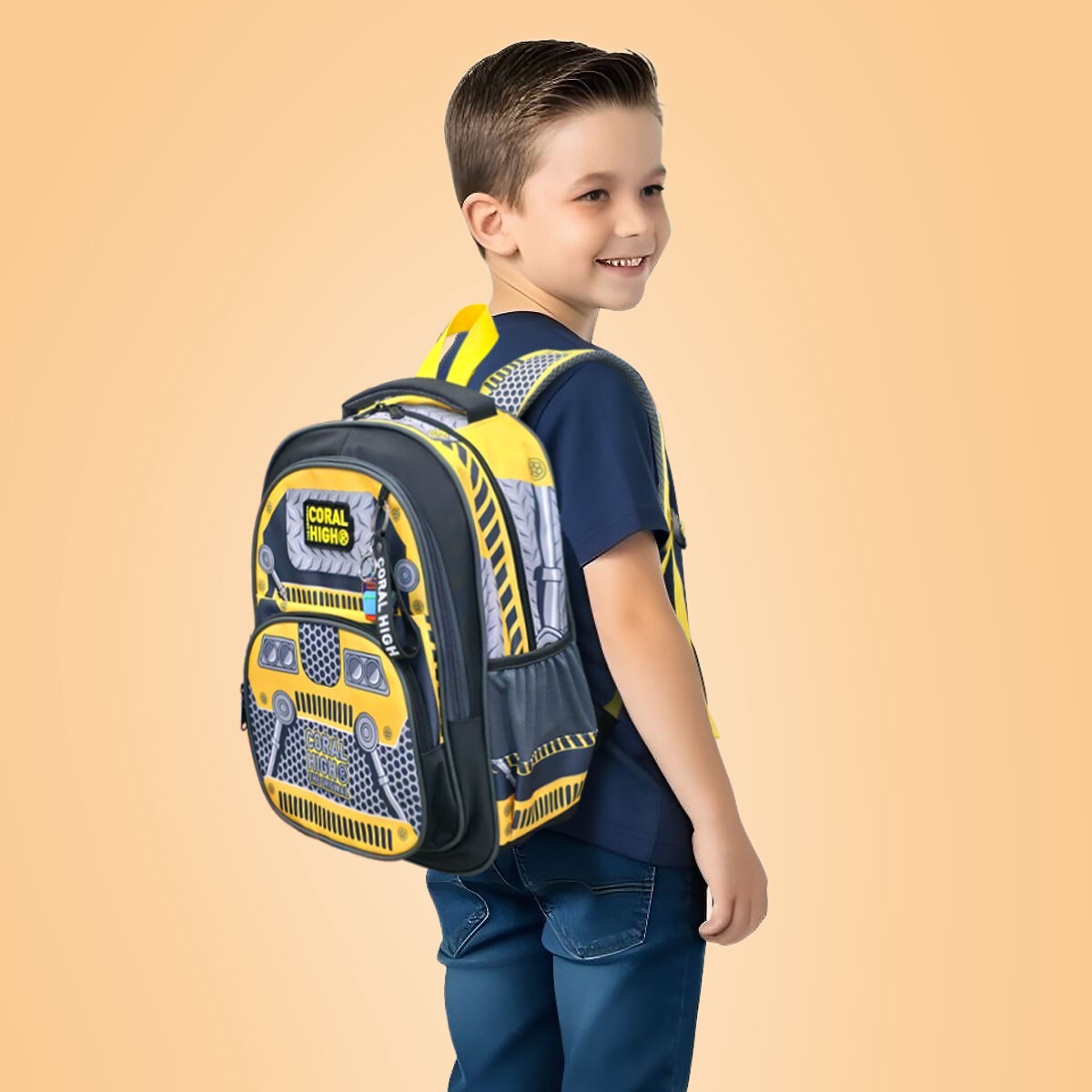 Coral High Kids Sarı Siyah Robot Desenli Üç Bölmeli Okul Sırt Çantası 14424 - Coral High