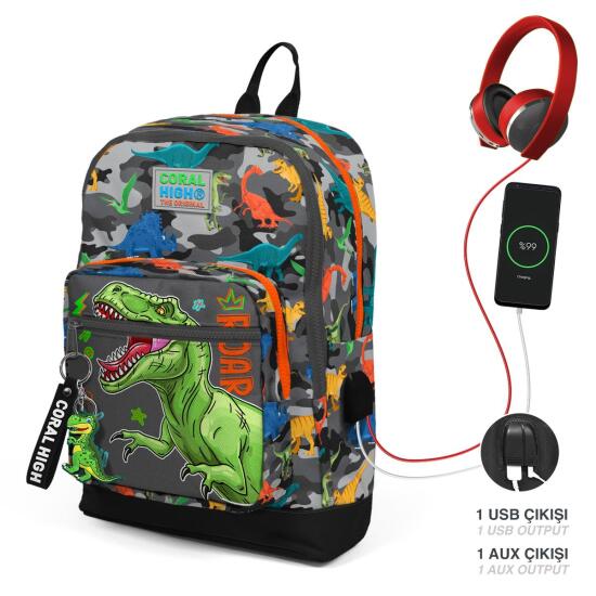 Coral High Kids Siyah Gri Dinozor Desenli Dört Bölmeli USB'li Okul Sırt Çantası 23844 - Coral High KIDS