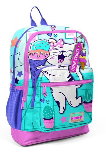 Coral High Kids Turkuaz Pembe Dondurmalı Kedi Desenli Okul Sırt Çantası 23751 - CORAL HIGH