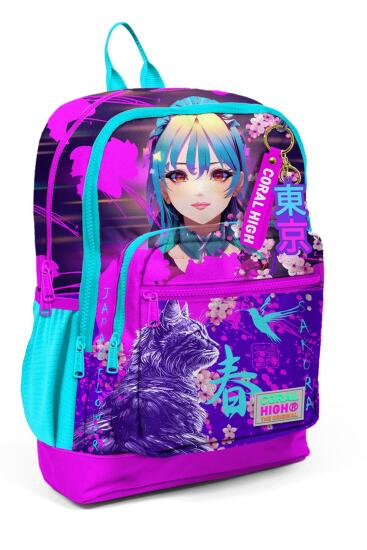 Coral High Kids Mor Pembe Anime Kedi Desenli Okul Sırt Çantası 23753 - CORAL HIGH