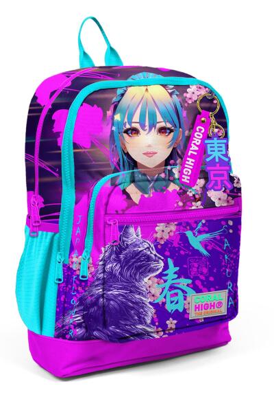 Coral High Kids Mor Pembe Anime Kedi Desenli Okul Sırt Çantası 23753 - 1