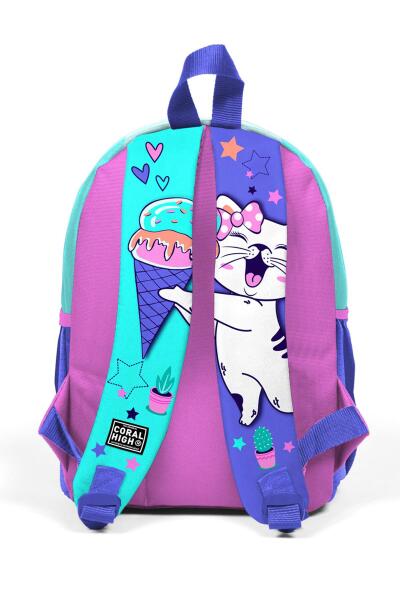 Minik Yuva Sırt Çantası Turkuaz Pembe Dondurmalı Kedi Desenli İki Bölmeli 23551 - 3