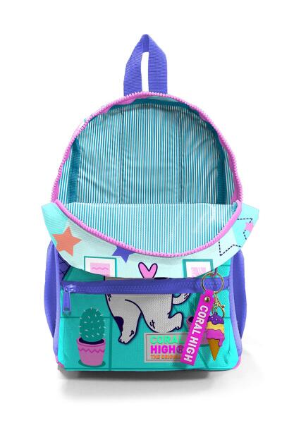 Minik Yuva Sırt Çantası Turkuaz Pembe Dondurmalı Kedi Desenli İki Bölmeli 23551 - 4