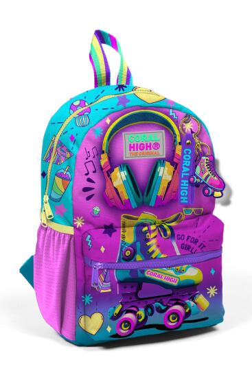 Minik Yuva Sırt Çantası Pembe Turkuaz Kulaklık Paten Desenli İki Bölmeli 23554 - CORAL HIGH KIDS
