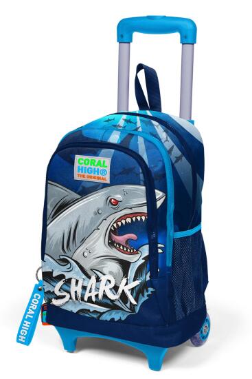 Coral High Kids Lacivert Mavi Köpek Balığı Desenli Üç Bölmeli Çekçekli Okul Sırt Çantası 23922 - 5