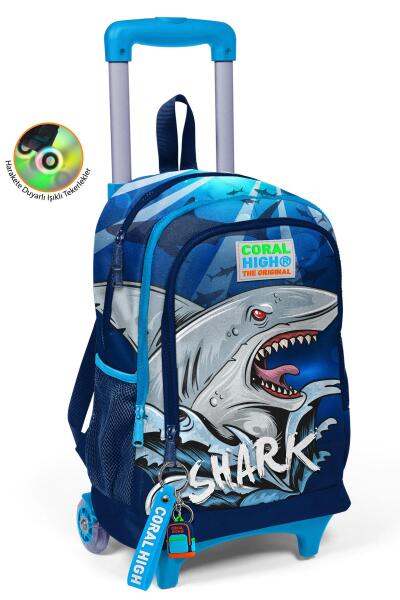 Coral High Kids Lacivert Mavi Köpek Balığı Desenli Üç Bölmeli Çekçekli Okul Sırt Çantası 23922 - 1