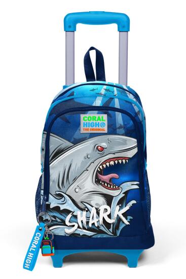 Coral High Kids Lacivert Mavi Köpek Balığı Desenli Üç Bölmeli Çekçekli Okul Sırt Çantası 23922 - 7