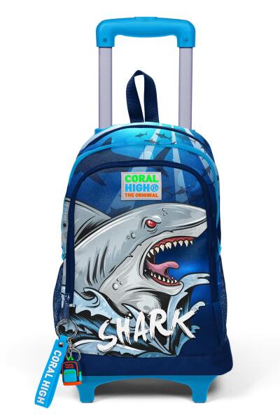 Coral High Kids Lacivert Mavi Köpek Balığı Desenli Üç Bölmeli Çekçekli Okul Sırt Çantası 23922 - 7