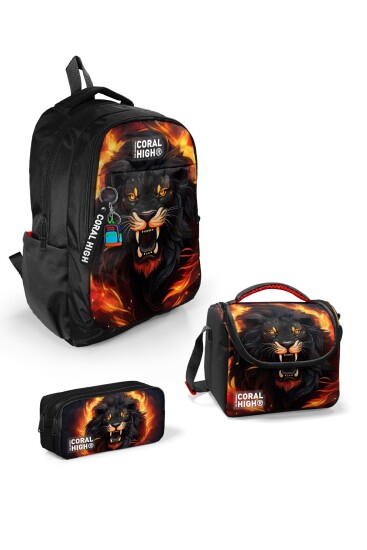 Coral High Kids Siyah Aslan Desenli 3’lü Okul Çanta Seti SET0123671 - Coral High