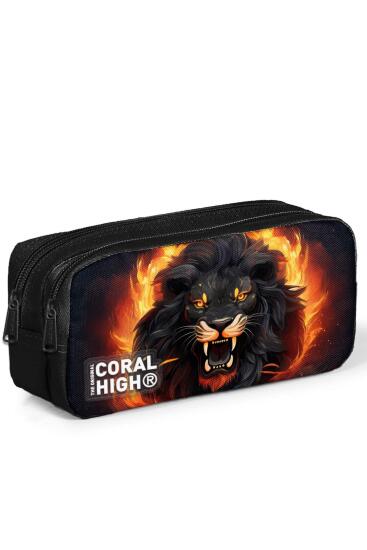 Coral High Kids Siyah Aslan Desenli İki Bölmeli Kalem Çantası 22146 - Coral High KIDS