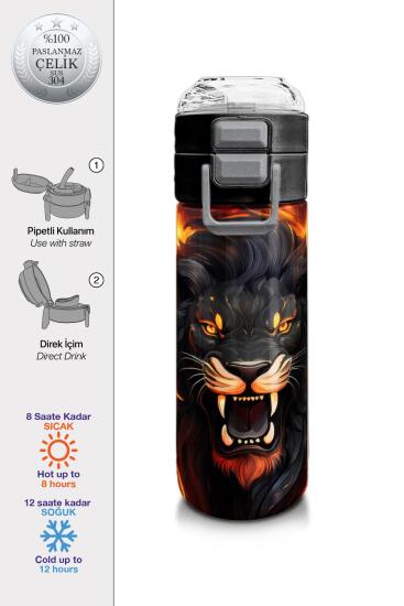 Coral High Kids Siyah Aslan Desenli Pipetli ve Direkt İçim Çelik Termos 500 ml 31871 - Coral High KIDS