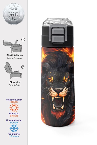 Coral High Kids Siyah Aslan Desenli Pipetli ve Direkt İçim Çelik Termos 500 ml 31871 - 1