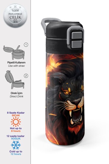 Coral High Kids Siyah Aslan Desenli Pipetli ve Direkt İçim Çelik Termos 500 ml 31871 