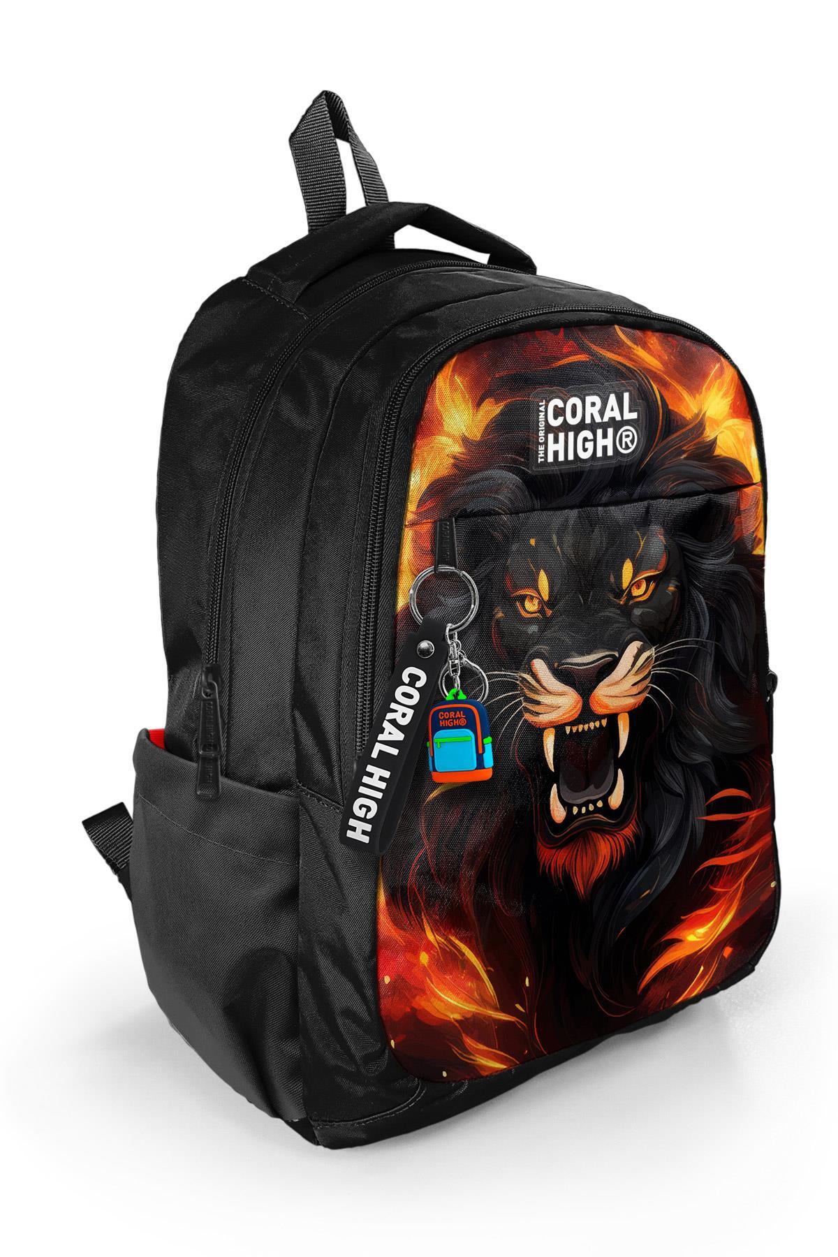 Coral High Kids Siyah Aslan Desenli Üç Bölmeli Okul Sırt Çantası 23671