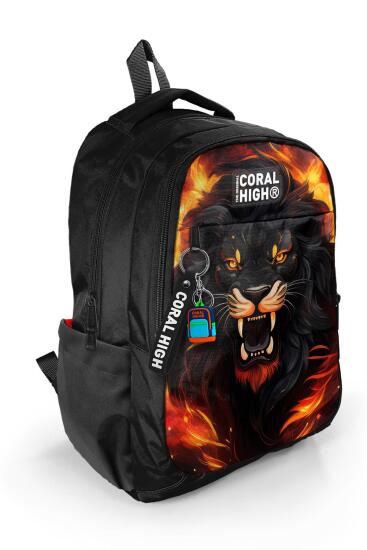 Coral High Kids Siyah Aslan Desenli Üç Bölmeli Okul Sırt Çantası 23671 - Coral High