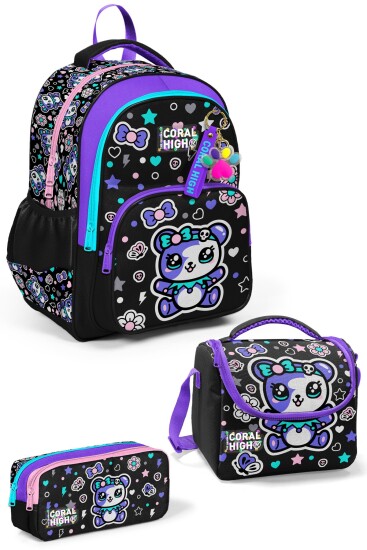 Coral High Kids Siyah Ayıcık Desenli 3'lü Okul Çanta Seti SET0133242 - Coral High