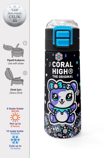 Coral High Kids Siyah Ayıcık Desenli Pipetli ve Direkt İçim Çelik Termos 500 ml 38124 - 1