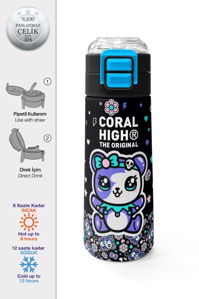 Coral High Kids Siyah Ayıcık Desenli Pipetli ve Direkt İçim Çelik Termos 500 ml 38124 - 1