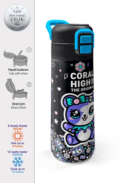 Coral High Kids Siyah Ayıcık Desenli Pipetli ve Direkt İçim Çelik Termos 500 ml 38124 - 1