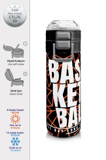 Coral High Kids Siyah Basketbol Desenli Pipetli ve Direkt İçim Çelik Termos 500 ml 31852 - Coral High KIDS