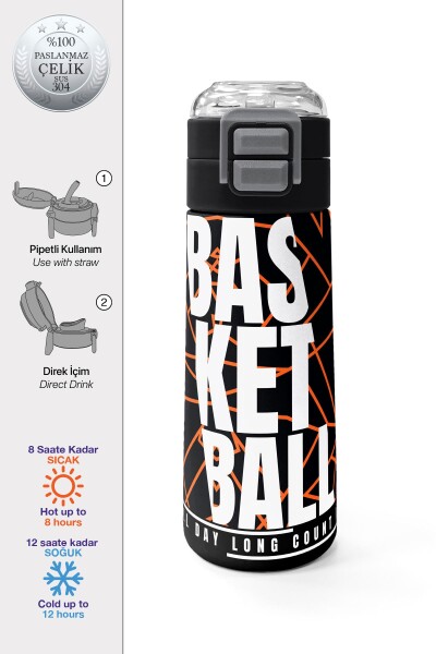 Coral High Kids Siyah Basketbol Desenli Pipetli ve Direkt İçim Çelik Termos 500 ml 31852 - 1