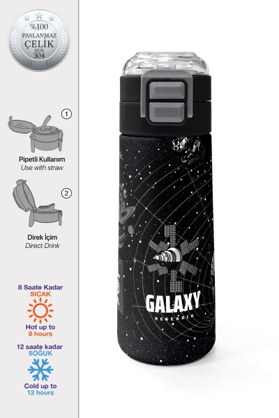 Coral High Kids Siyah Galaxy Desenli Pipetli ve Direkt İçim Çelik Termos 500 ml 31857 - 1
