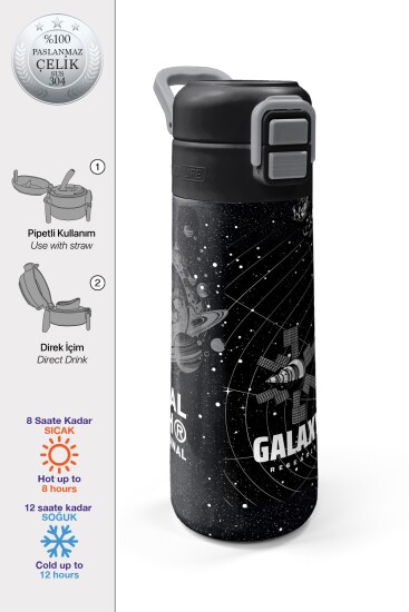 Coral High Kids Siyah Basketbol Desenli Pipetli ve Direkt İçim Çelik Termos 500 ml 31857 
