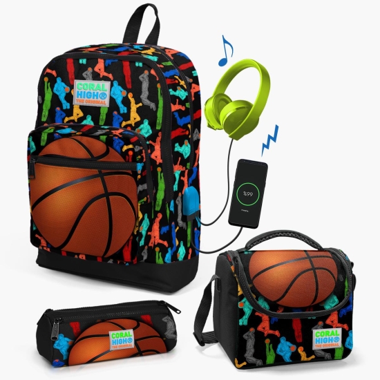 Coral High Kids Siyah Basketbol Desenli USB'li 3’lü Okul Çanta Seti SET0123281 