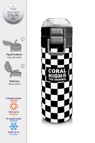 Coral High Kids Siyah Beyaz Dama Desenli Pipetli ve Direkt İçim Çelik Termos 500 ml 31877 - CORAL HIGH KIDS