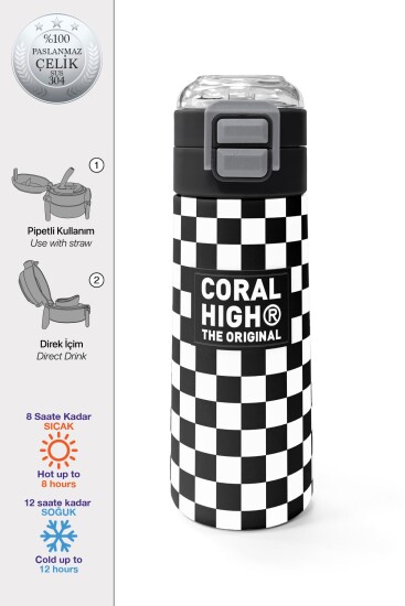 Coral High Kids Siyah Beyaz Dama Desenli Pipetli ve Direkt İçim Çelik Termos 500 ml 31877 - Coral High KIDS