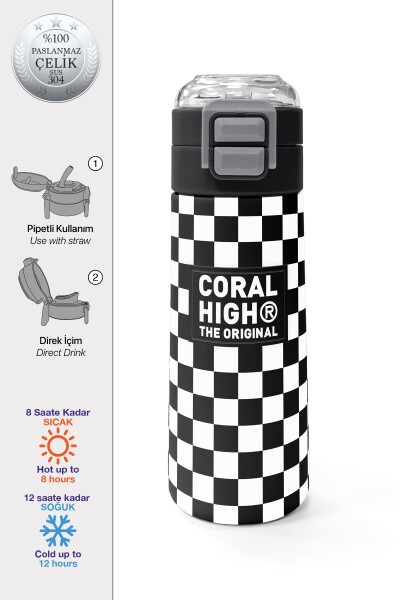 Coral High Kids Siyah Beyaz Dama Desenli Pipetli ve Direkt İçim Çelik Termos 500 ml 31877 - 1