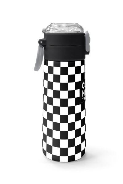 Coral High Kids Siyah Beyaz Dama Desenli Pipetli ve Direkt İçim Çelik Termos 500 ml 31877 - 2