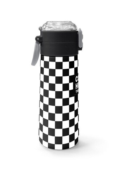 Coral High Kids Siyah Beyaz Dama Desenli Pipetli ve Direkt İçim Çelik Termos 500 ml 31877 - 2