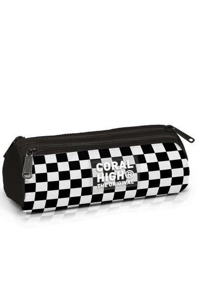 Coral High Kids Siyah Beyaz Dama Desenli Üç Bölmeli Kalem Çantası 11177 - 1