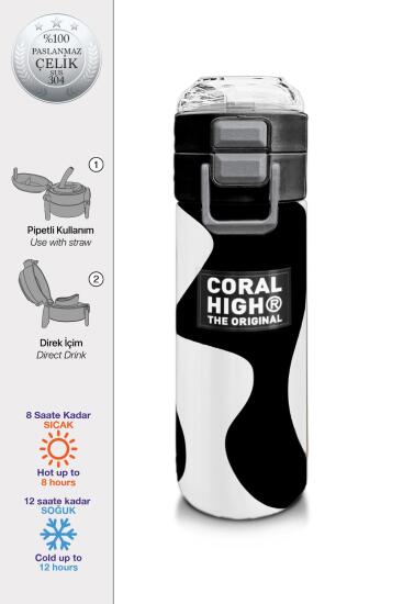 Coral High Kids Siyah Beyaz Desenli Pipetli ve Direkt İçim Çelik Termos 500 ml 31887 - Coral High KIDS
