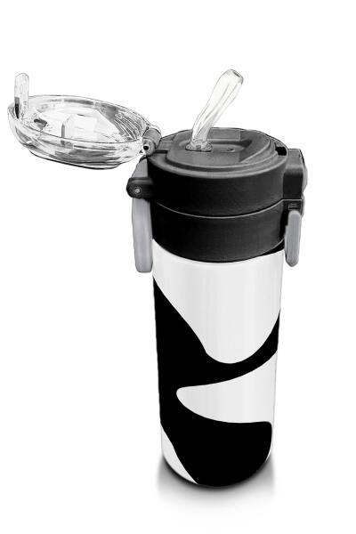 Coral High Kids Siyah Beyaz Desenli Pipetli ve Direkt İçim Çelik Termos 500 ml 31887 - 5