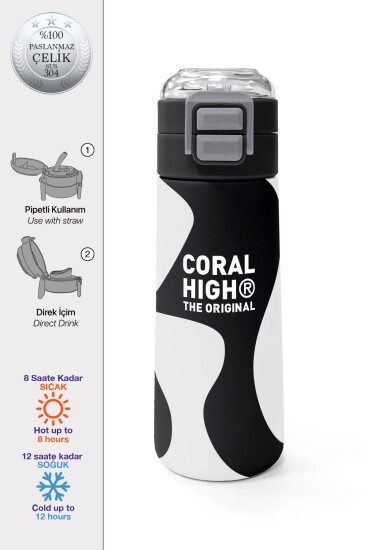 Coral High Kids Siyah Beyaz Desenli Pipetli ve Direkt İçim Çelik Termos 500 ml 31887 - Coral High KIDS