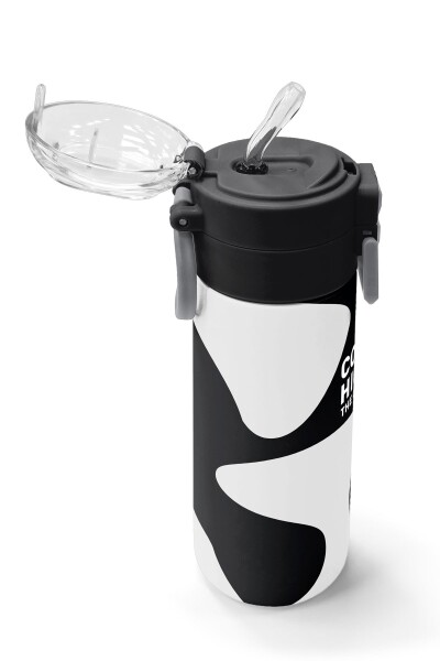 Coral High Kids Siyah Beyaz Desenli Pipetli ve Direkt İçim Çelik Termos 500 ml 31887 - 5