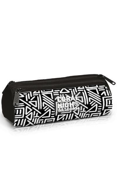 Coral High Kids Siyah Beyaz Geometrik Desenli Üç Bölmeli Kalem Çantası 11182 - 1