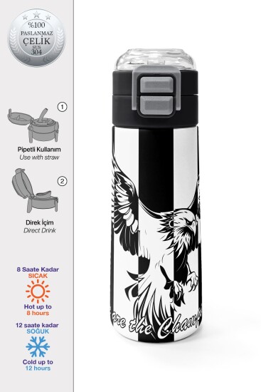 Coral High Kids Siyah Beyaz Kartal Taraftar Desenli Pipetli ve Direkt İçim Çelik Termos 500 ml 31789 - Coral High