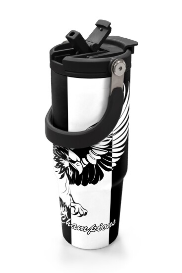 Coral High Kids Siyah Beyaz Kartal Taraftar Desenli Pipetli ve Direkt İçim Çelik Termos 900 ml 38732 - 2