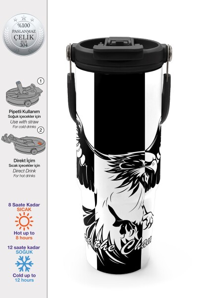 Coral High Kids Siyah Beyaz Kartal Taraftar Desenli Pipetli ve Direkt İçim Çelik Termos 900 ml 38732 - 1
